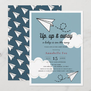 Up & Away Paper Flugzeug Blue Boy Babydusche Einladung