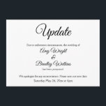 "Update" Elegante Zurückgestellte Hochzeitsankündi Einladung<br><div class="desc">Hier ist eine elegante, einfache Karte, um Ihre Gäste zu benachrichtigen, wenn es notwendig wird, um Ihre Hochzeit zu ändern. Verwenden Sie die Vorlagenfelder, um Ihre persönlichen Daten hinzuzufügen und dieses einzigartige, moderne Design zu Ihrem eigenen zu machen. Der weiße Hintergrund kann in eine beliebige Farbe geändert werden. Alle Schriftart...</div>