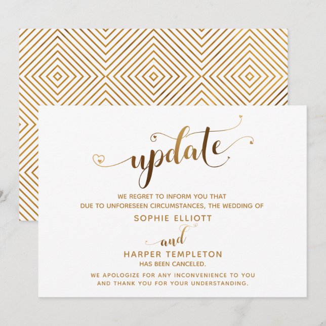 Update storniert Wedding Gold Hearts Script Card Einladung (Vorne/Hinten)
