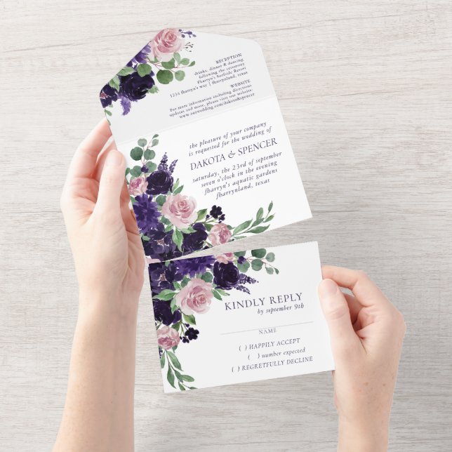 üppige Blüten | Lila und rosa Blumenhochzeit All In One Einladung (Abreißen)