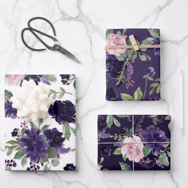üppige Blüten | Lila und rosa Blumenmuster Geschenkpapier Set (Vorderseite)