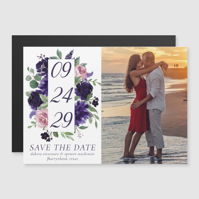üppige Blüten | Lila und Rosa Save the Date Magneteinladung (Vorne/Hinten)