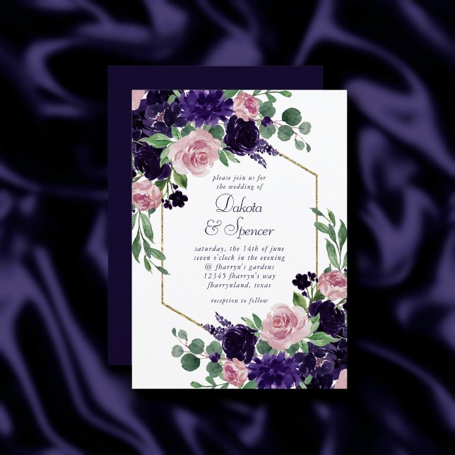 üppige Blüten | Rosa und Lila Bouquet-Goldrahmen Einladung (Von Creator hochgeladen)