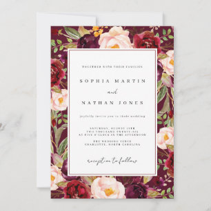 Üppige Florale Burgunder-Watercolor-Hochzeit Einladung