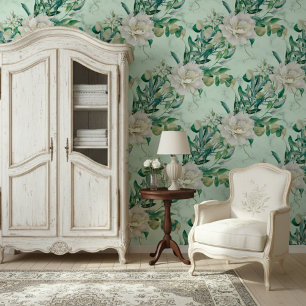 Üppige Florals und elegantes grünes Marmormuster Tapete