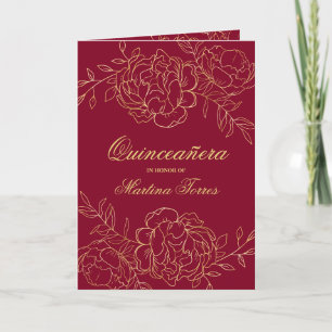 Üppige Gold- und Burgunderrote Florale Quinceanera Einladung