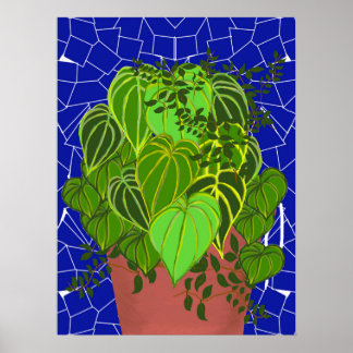 Üppige grüne Blätter in Terrakotta auf blauem Mosa Poster