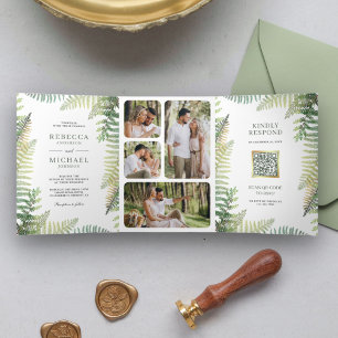 Üppige grüne Farne Foto-Collage QR-Code Hochzeit Dreifach Gefaltete Einladung