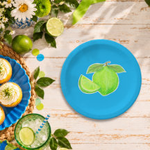 Üppige grüne Limette auf leuchtend blauem handgeze