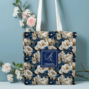 Üppige marineblaue Blumen individuell benannte Tra Tasche
