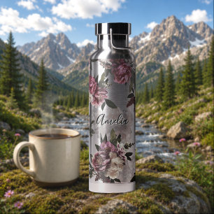 Üppige Moody Weiße Rosenblüte Trinkflasche