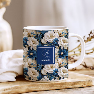 Üppige Navyblaue Blumen Personalisierter Name Kaff Kaffeetasse
