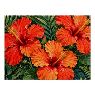 Üppige orange Hibiskus-Dschungelblumen tropisch Poster