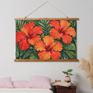 Üppige orange Hibiskus-Dschungelblumen tropisch Wandteppich Mit Holzrahmen