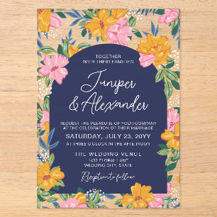 Üppige rosa gelbe Blumen dunkelblaue Hochzeit Acryleinladungen