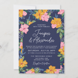 Üppige rosa gelbe Blumen dunkelblaue Hochzeit Einladung