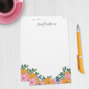 Üppige rosa gelbe Blumen Name & Initial Briefpapier