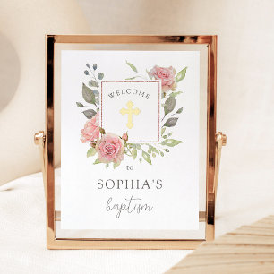 Üppige Rosen Elegantes Rosa Taufe Willkommen Gold Foliendrucke