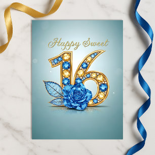 Üppige Saphirblaue Kristall-Roségoldene Sweet 16 Postkarte