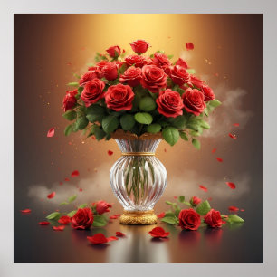 Üppiger Blumenstrauß rote Rosen in eleganter Krist Poster