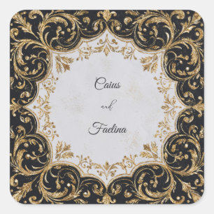 Üppiger Gold Glitter Barock Schwarz Hochzeit Quadratischer Aufkleber