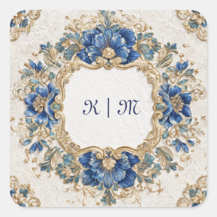 Üppiger Goldener Königlich Blauer Barocker Blumen- Quadratischer Aufkleber