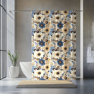 Üppiger Navy-Blauer Elfenbein-Blumen-Boho-Hausvorh Duschvorhang