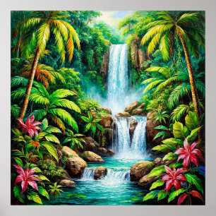Üppiger tropischer Wasserfall Poster