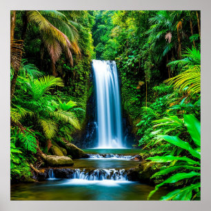 Üppiger tropischer Wasserfall umgeben von Grün Poster