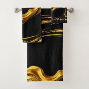 Üppiger Wirbel Flüssiges Gold Schwarzes Monochrom Badhandtuch Set