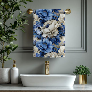Üppiges Blau- und Elfenbein-Blumen Badetuch Badhandtuch Set
