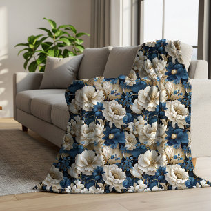 Üppiges Blau Weiß Elfenbein Floral Weiches Sherpa  Sherpadecke