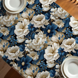 Üppiges blau-weißes Elfenbein-Blumen-Tischtuch Tischdecke