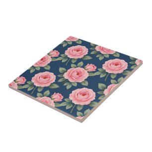 Üppiges botanisches Rosenmuster in Rosa Fliese