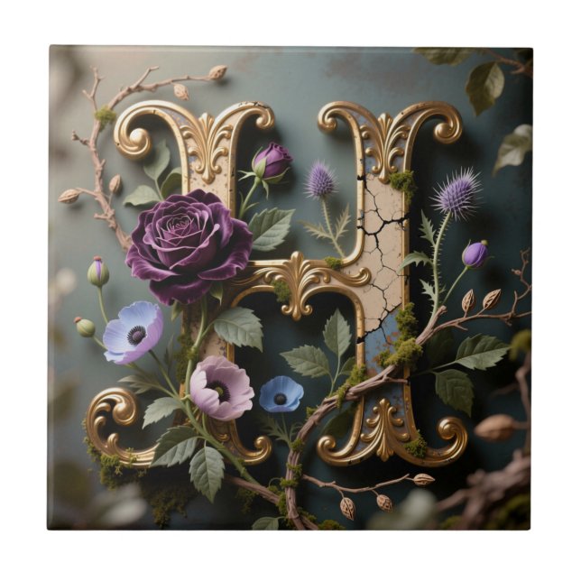 Üppiges goldenes Blumeninitial H Monogramm Fliese (Vorderseite)