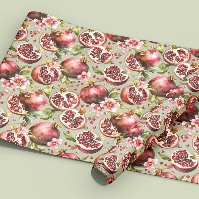 Üppiges Granatapfel-Frucht- und Blumenmuster Geschenkpapier (Von Creator hochgeladen)