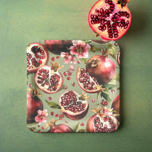 Üppiges Granatapfel-Frucht- und Blumenmuster Pappteller