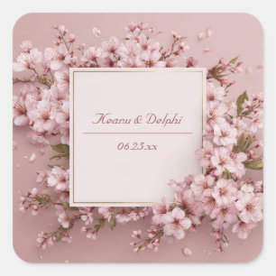 Üppiges Rosa Kirschblüten Gold Quadrat Hochzeit Quadratischer Aufkleber