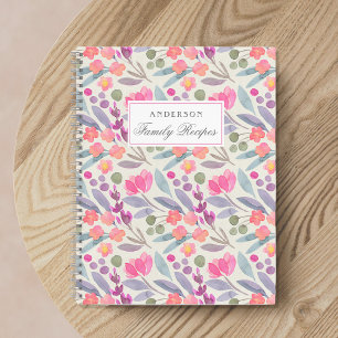 Üppiges rosa und violettes florales Familienrezept Notizbuch
