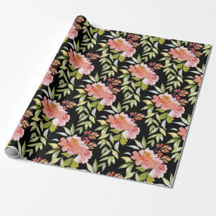Üppiges rotes Blumengrün auf Schwarz Geschenkpapier