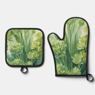 Üppiges Selleriegrün Botanisches Muster Ofenhandschuh & Topflappen-Set