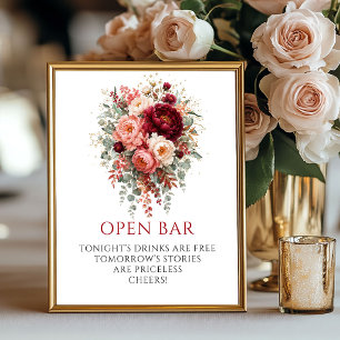 Üppiges Tiefrotes Boho-Blumen-Open-Bar-8x10-Schild Poster