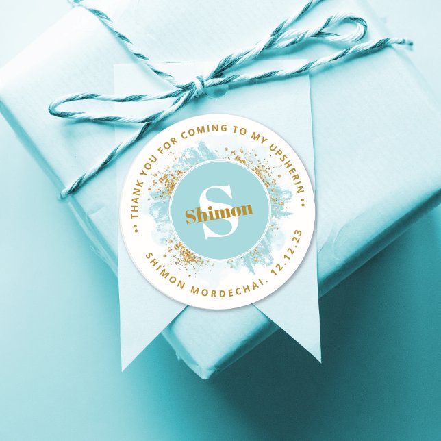 Upsherin danke Monogram Watercolor Glitzer Runder Aufkleber (Von Creator hochgeladen)