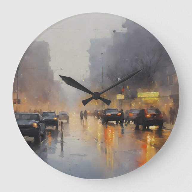 Urban Abend Rain Szene Große Wanduhr (Vorderseite)