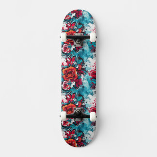 Urban Bloom: Red & Blue Rose Graffiti Skateboard