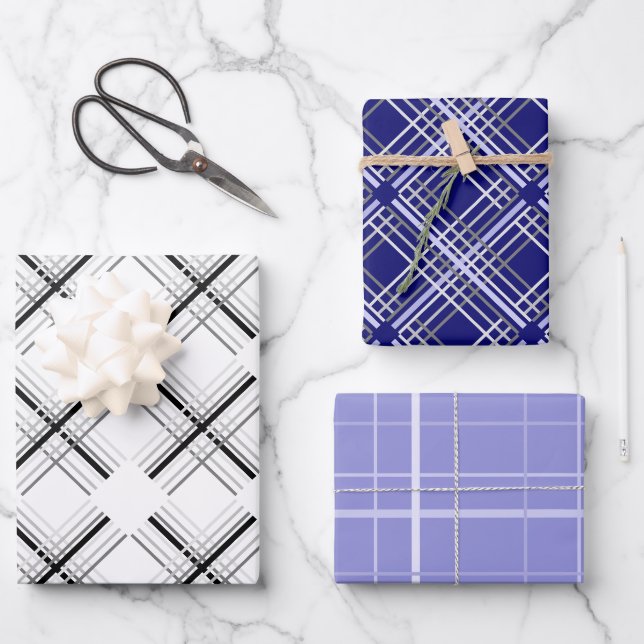 Urban Blue Tartan Muster mit schwarzer Geometrie Geschenkpapier Set (Vorderseite)