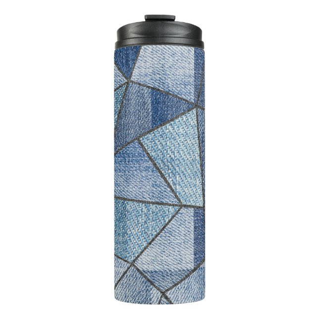 Urban Denim: Distressed Patchwork-Design Thermosbecher (Vorderseite)