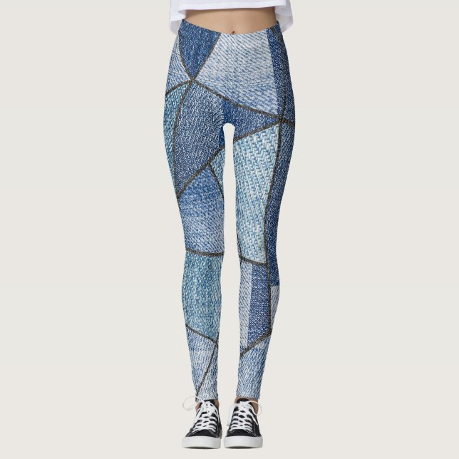 Urban Denim: gestörtes Patchwork-Design Leggings (Vorderseite)