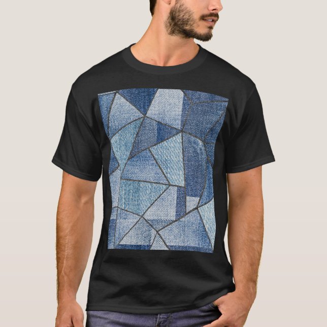 Urban Denim: gestörtes Patchwork-Design T-Shirt (Vorderseite)