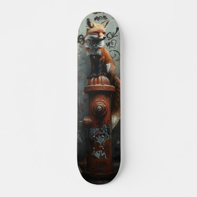 Urban Fox on Fire Hydrant - Gritty Street Art Skateboard (Vorne)
